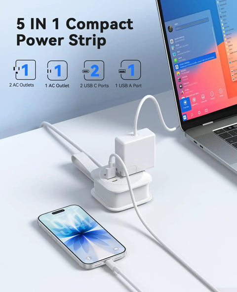 Road Trip Ready Compact Portable Power Strip Featuring Ridiculously Sleek Wrap Around Build And Plug Play 20W Pd Fast Charging Usb Ports setup with phone and laptop.