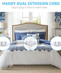 Twin 12 Foot Extension Cord Power Strip With Flat Head Plug And Six Polarized Outlets Six Feet On Each Side From Central Splitter Slim Indoor Use With Safety Covers ETL Listed White next to a bed in a bedroom setting.