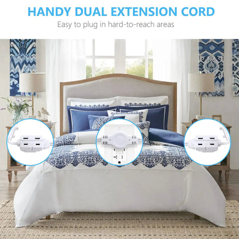 Twin 12 Foot Extension Cord Power Strip With Flat Head Plug And Six Polarized Outlets Six Feet On Each Side From Central Splitter Slim Indoor Use With Safety Covers ETL Listed White next to a bed in a bedroom setting.