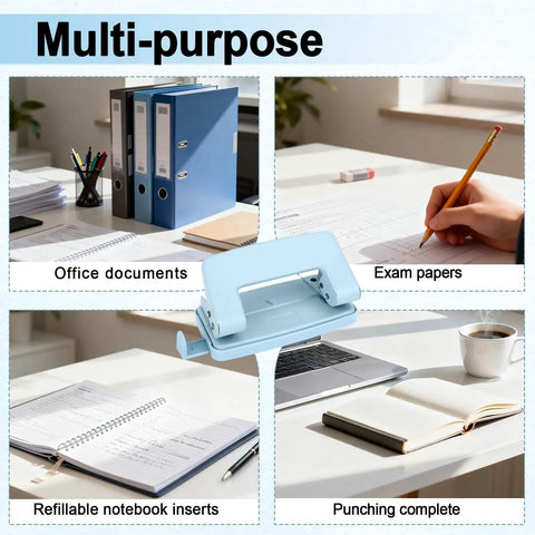 Collage of office use showing adjustable 2 hole paper punch for A4 A5 B5 paper sizes, blue metal hole puncher on desk