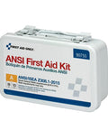 ANSI A 2015 And OSHA Compliant 71 Piece First Aid Kit For A Crew Of Ten, shown closed with handle and label visible