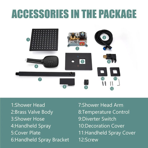 Dope Matte Black 10 Inch Square Rain Shower System With ABS Handheld Spray Wall Mount Faucet Fixture Rough In Valve parts