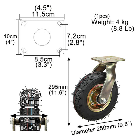 Straight Up Heavy Duty Five Pack Industrial Replacement Casters With Three Swivel And Two Fixed Soft Rubber Wheels Roll Smooth For Carts Workbenches Zero Hassle Shock Absorbing Screw Hardware, showing dimensions and design.