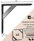 Jetstream Solid Heavy Duty Low Profile Welded Countertop Shelf Brackets For Floating Shelves, Discreet Slim Design, 500 LB Capacity, 12x12x1.5 inches, showing hardware and bracket dimensions.