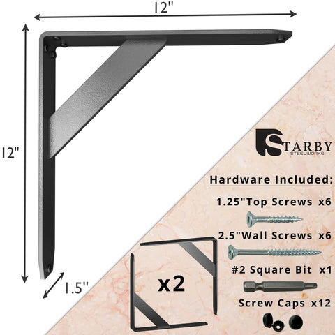 Jetstream Solid Heavy Duty Low Profile Welded Countertop Shelf Brackets For Floating Shelves, Discreet Slim Design, 500 LB Capacity, 12x12x1.5 inches, showing hardware and bracket dimensions.