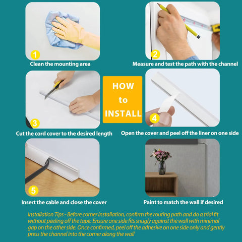 Step-by-step installation guide for 85 Inch Corner Cable Concealer Kit For Walls Floors And Ceilings Paintable Wire Cover Raceway