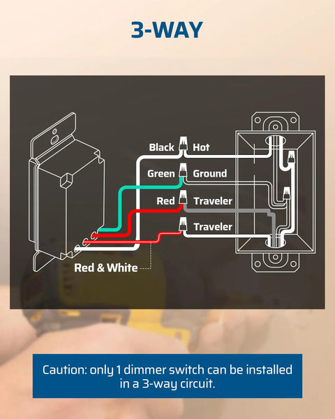 3-way wiring diagram showing connections for Two Pack Dimmer Light Switches Featuring Quiet Smooth Glide Slider And No Sweat Flicker Free Minimum Brightness Control With No Neutral Wire Required For Breezy Single Pole Or Three Way Install.