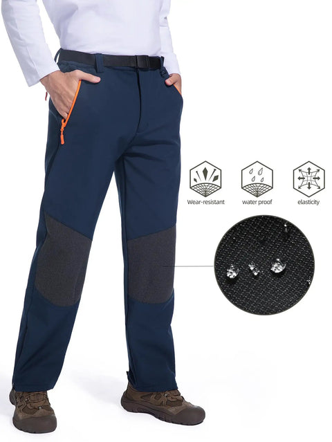 Mens Snow Ski Hiking Pants Waterproof Winter Fleece Lined Softshell Snowboard Pants With Zippered Bottom Legs And Built In Belt Ideal For Hiking Snowboarding Skiing In Cold Weather Wind Resistant Navy Medium shown