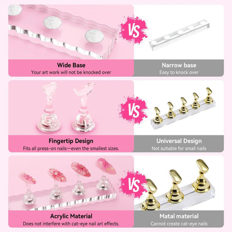 Comparison of Magnetic Nail Stand Set For Press On Nails with wide base, fingertip design, and acrylic material vs narrower alternatives