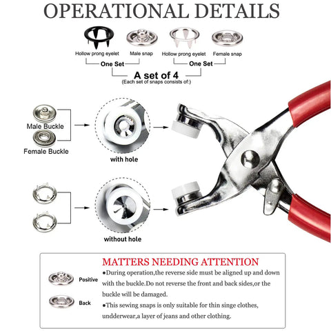 DIY Metal Snaps Button Kit With Fastener Pliers Press Tool For Sewing And Crafting, 200 Sets In 10 Colors 9.5mm Hollow Snaps