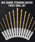 Front view of 19-piece hex-shank titanium-coated twist drill bit set (1/16"–1/4"), for metal, wood, plastic.