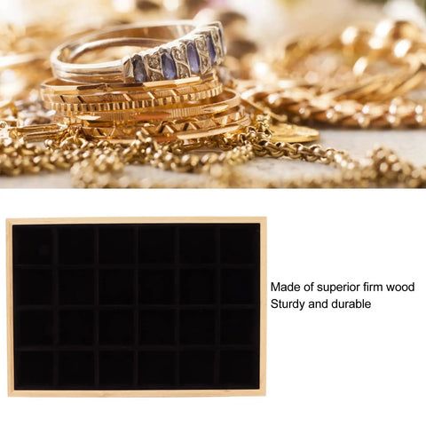 Dope Black Wooden Jewelry Tray With 24 Soft Padded Slots For Rings Bracelets Bangles And Chains Scratch Resistant Storage Holder Box, top view with 24 slots.