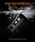 PR2400 2400 Lumen Mountain Bike Light with OLED runtime display, waterproof under water demonstrating IPX8 feature.