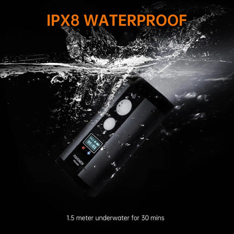 PR2400 2400 Lumen Mountain Bike Light with OLED runtime display, waterproof under water demonstrating IPX8 feature.
