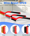 Wire Brush Set 3 Piece Stainless Steel Brass Nylon Brushes With Curved Handle for rust removal and cleaning displayed on counter