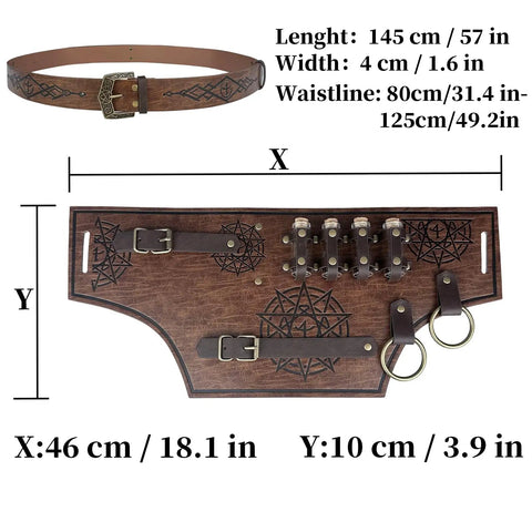 Slick Embossed Faux Leather Medieval Alchemy Waist Belt Set With Secure Wizard Potion Vial Holders, displaying detailed dimensions and design.