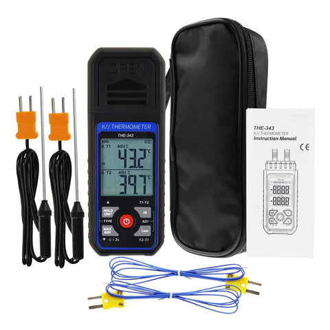 Four Channel K Type Digital Thermometer with four thermocouples bead type probes, from minus 328 up to 2501 Fahrenheit range, HVAC dual channel temp meter with LED backlight and adjustable compensation, fast max min avg readouts shown with accessories including probes, carrying case, and manual.