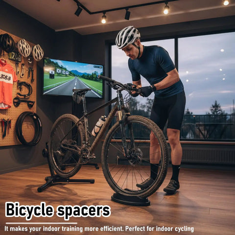 Cyclist using front wheel block for bike trainers rock solid stability with heavy duty plastic build anti slip base indoors