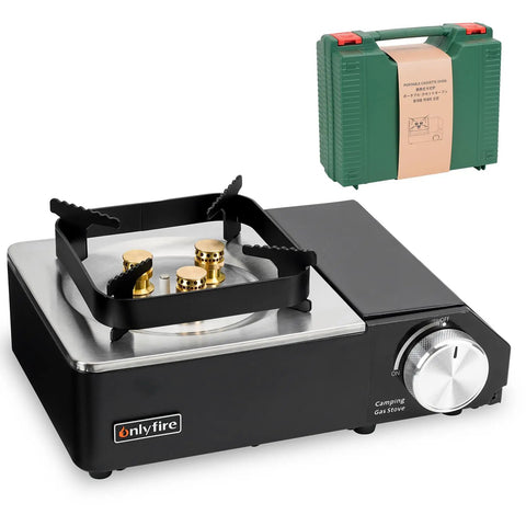Portable Butane Gas Stove With Carrying Case For Outdoor Cooking Electric Ignition Precise Heat Control shown with green case