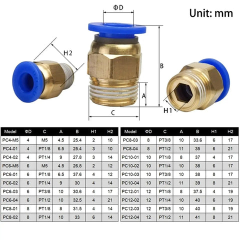Dead Simple Slick Pneumatic Air Quick Connector Fitting For 4Mm 6Mm 8Mm Tubing And Universal 1/8 1/4 3/8 1/2 Inch Male Threads No Sweat Setup Tough As Nails Straight Hose Pipe Adapter with measurement details.