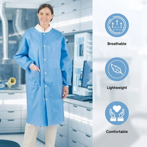 Blue Disposable Lab Coat Knee Length Unisex Chemistry Gown With Sleeves SMS Nonwoven Medical Coat For Laboratory Work Broad Protection Laboratory Coat Large