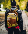Person wearing White Face Highland Cattle Pasture Print Backpack for Everyday Use, unisex polyester daypack.