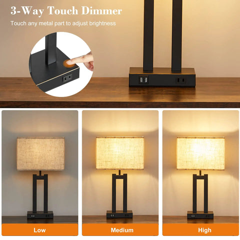 Table Lamps Set Of 2 With USB Charging Ports And AC Outlet, 3 Way Dimmable Touch Control Nightstand Lamps, Beige Linen Shade