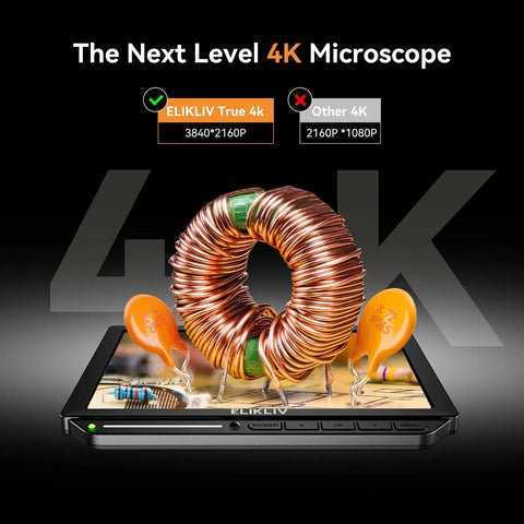 4K Coin Digital Microscope With 8 Inch LCD, 52MP Imaging, HDMI Output, Soldering Microscope For Electronics And Jewelry, Ultra Clear Micro Detail, Adjustable LED Lighting, Live View For Hobbyists And Pros showing a PCB coil on screen