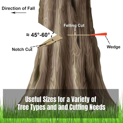 Tree felling wedges diagram for safe cutting, showing notch cut and wedge placement on a tree trunk.