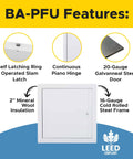 Built Like A Tank 22 By 30 Inch Insulated Fire Rated Upward Opening Ceiling Access Panel With Flange Featuring 20 Gauge Galvanneal Steel And 2 Inch Mineral Wool For LEED Compliant image showing features like self latching slam latch and continuous hinge.