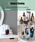 Before and after comparison using Rotating Makeup Organizer 2 Tier Lazy Susan Trays, Clear Countertop Storage for Vanity.