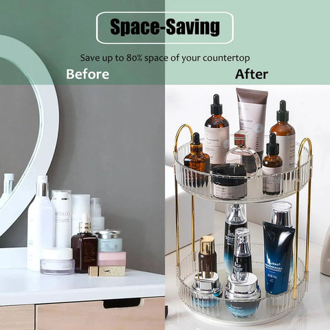 Before and after comparison using Rotating Makeup Organizer 2 Tier Lazy Susan Trays, Clear Countertop Storage for Vanity.