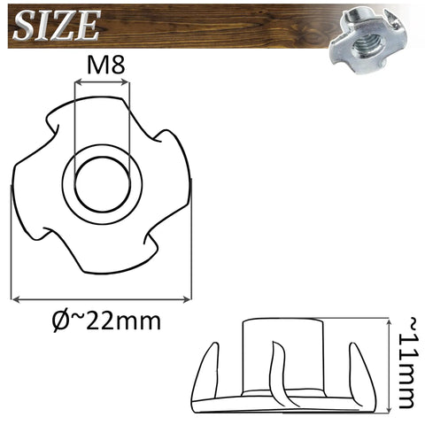 Diagram of M8 x 11 claw nut dimensions from Set Of 4 M8 Adjustable Furniture Jack Feet For Screws And 4 M8 X 11 Claw Nuts