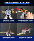 AC Flush Kit With 33.5 Oz Stainless Tank, HVAC Flushing Tool Set gauges, valve, hook, and anti-backflow gun close-up