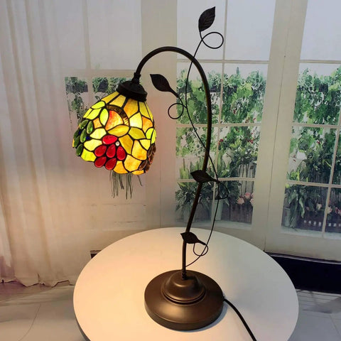 Grape Tiffany Style Stained Glass Table Lamp With Grapevine Decorated Base, 28-Inch Tall, 7-Inch Wide, Handmade Glass Craft