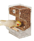 No Fuss Automatic Parrot Food Dispenser Extra Large High Quality Acrylic Bird Feeder For Cage with bird accessing seeds.