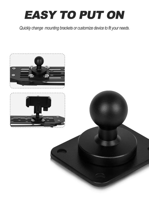 Badass Two Pack Four Hole AMPS Dashboard Mount With 20MM Ball And Complete Hardware Kit For GPS Tablets Fish Finders On Trucks RV And Jeep Ride Setup showing black aluminum mounting plate with ball base.