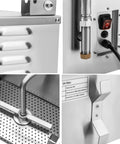 Close-up view of heavy duty commercial stainless steel fryer oil filter machine components, showing controls and interior.