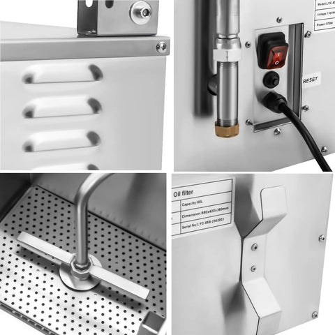Close-up view of heavy duty commercial stainless steel fryer oil filter machine components, showing controls and interior.