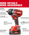 Badass 20 Volt Brushless Impact Gun Snaps Rusty Nuts Off With Nine Hundred Ft Lbs Of Beast Mode Torque And Twin Four Amp Hour Battery Packs For Daily Drivers And Trailers, featuring LED light and soft grip.