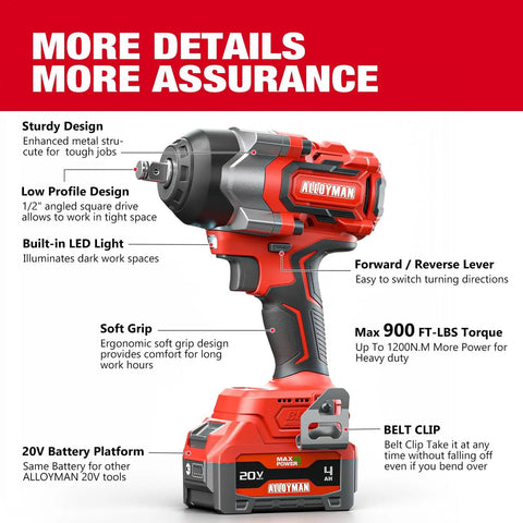 Badass 20 Volt Brushless Impact Gun Snaps Rusty Nuts Off With Nine Hundred Ft Lbs Of Beast Mode Torque And Twin Four Amp Hour Battery Packs For Daily Drivers And Trailers, featuring LED light and soft grip.