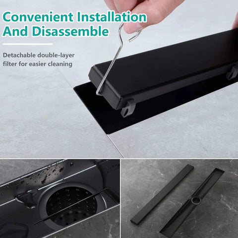 24 Inch Linear Shower Drain With 2 In 1 Flat And Tile Insert Matte Black Brushed 304 Stainless Steel Rectangle Shower Floor Drain Adjustable Easy Install Rust Resistant Premium Finish For Lasting Shower Renovation Built To Last And Leak Proof Performance shown on a bathroom floor.