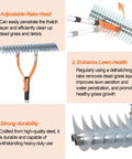 Thatch Rake Pro 19 Curved Steel Tines 15 Inch Lawn Dethatching Rake With Ergonomic Handle showing adjustable rake head and steel tines