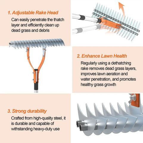 Thatch Rake Pro 19 Curved Steel Tines 15 Inch Lawn Dethatching Rake With Ergonomic Handle showing adjustable rake head and steel tines