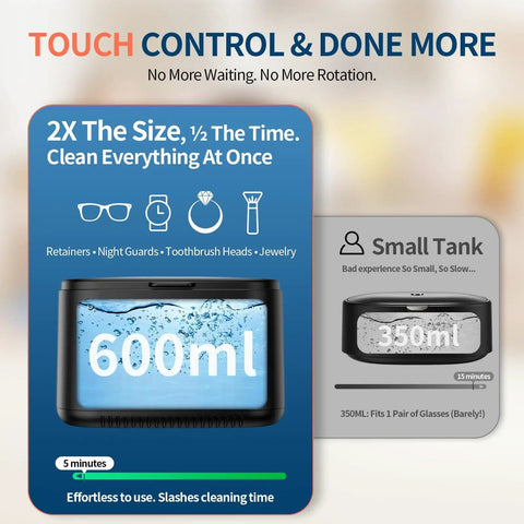 Powerful 20 Oz Ultrasonic Cleaner With 47kHz Frequency 5 Cleaning Modes And UV Light emphasizing 600ml capacity vs small tank.
