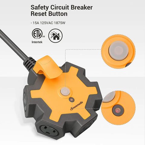 Close-up of 5 Outlet Power Strip With 25 Ft Heavy Duty Extension Cord For Garage And Workshop 15 Amp Circuit Breaker Swivel Safety Covers Industrial Grade Durable Construction showing safety circuit breaker