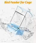 Foolproof Transparent Bird Feeder With Sturdy Perch, Spill Proof Acrylic Cage Food Container For Budgies Cockatiels And Parakeets, Hassle Free No Mess Daily Feed Dispenser Blue splashing in water.