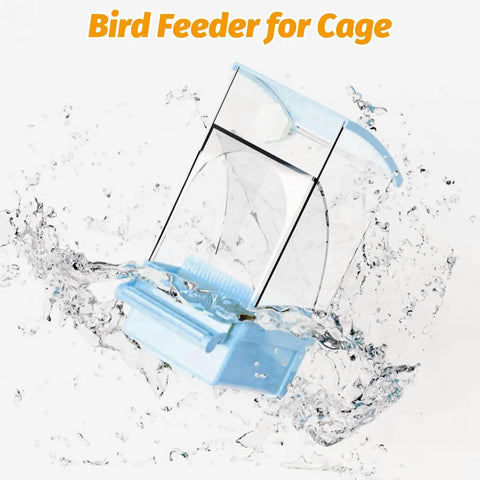 Foolproof Transparent Bird Feeder With Sturdy Perch, Spill Proof Acrylic Cage Food Container For Budgies Cockatiels And Parakeets, Hassle Free No Mess Daily Feed Dispenser Blue splashing in water.