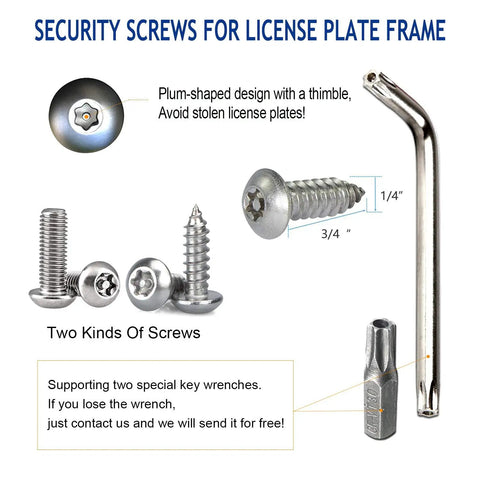Anti Theft License Plate Screws Kit For Cars Tag Frame Holders Stainless Steel Mounting Hardware Tamper Resistant Security Screw Set 1 Quarter Inch M6 Rust Proof Chrome Caps ZXFOOG with wrench and screws display