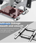 Close-up of the smooth multi-axis linkage on the Badass Manual Mortise And Tenon Jig For Routers, showcasing precision and stability.